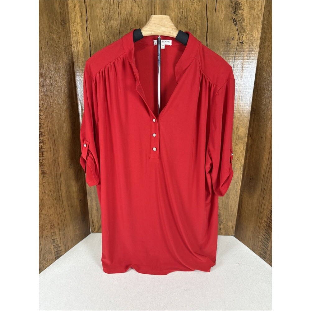 Joie de Vivre Womens 3X Red Split Neck Blouse 3/4 Roll Tab Sleeve Pearl Button